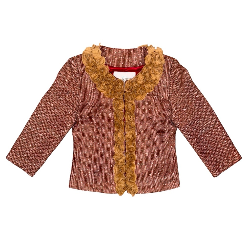Boston Proper Tweed Blazer Brown & Red Suit Jacket w/ Tan Floral Trim